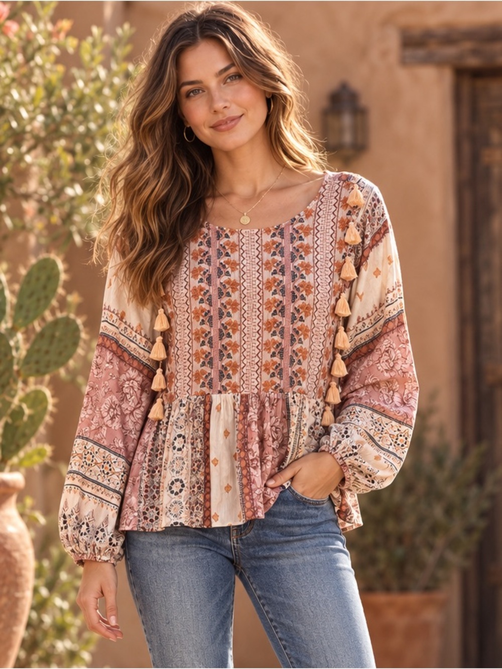 American Eagle Boho Embroidered Patchwork Tassel Blouse Medium Cottagecore Flowy
